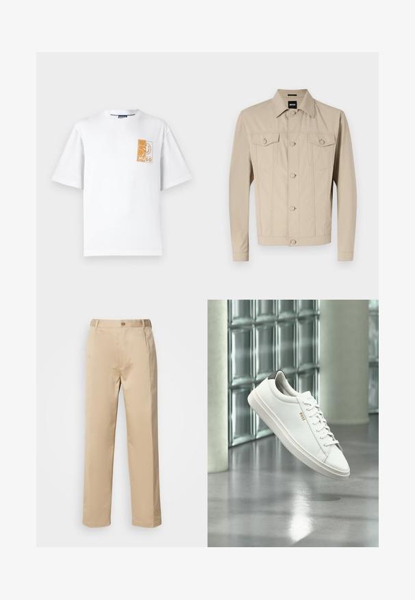 Beige denimjack met een klassieke kraag, voorknopsluiting en twee borstzakken; heeft naaddetails en lange mouwen.; Witte katoenen t-shirt met een ronde hals, korte mouwen en een rechthoekige oranje grafiek met "HUGO" op de linker borst.; Beige broek van lichtgewicht stof, met een rechte pasvorm, tailleband met riemlussen en een enkele knoopsluiting aan de voorkant.; Witte leren lage sneaker met veters, zwarte hielstrook en "BOSS"-logo, zwevend binnenshuis bij een glazen stenen muur en gepolijste vloer.