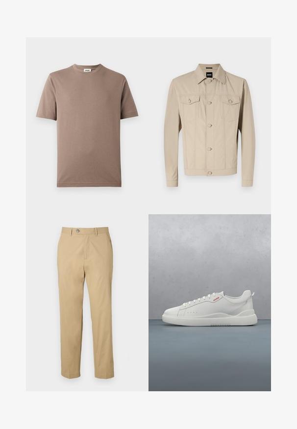 Veste en denim beige avec un col classique, fermeture à boutons sur le devant et deux poches poitrine ; présente des détails de couture et des manches longues.; T-shirt en coton brun avec un col rond et des manches courtes. Texture lisse, design simple et ourlet droit. Pas de motifs ni d'ornements visibles.; Pantalons en mélange de coton beige avec une coupe droite, poches avant et fermeture à bouton. Texture lisse et ourlets retroussés.; Sneaker blanche avec une finition en cuir lisse, bout rond, quatre œillets, perforations subtiles et un détail de logo rouge sur le côté.