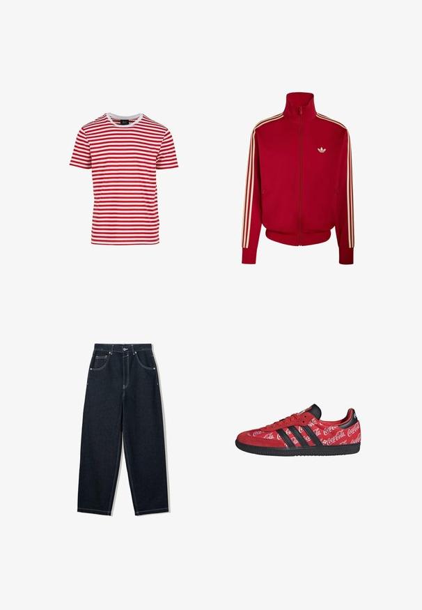 Rode sportjas met ritssluiting, beige drie strepen op de mouwen en klein beige Adidas-logo op de linkerborst.; Rood-witte gestreepte t-shirt met korte mouwen en ronde hals, gemaakt van stof met een gladde textuur. Bevat een gelijkmatige horizontale strepen.; Donkerindigo jeans met rechte pijpen, witte contrasterende stiksels, ontwerp met vijf zakken en metalen knoopsluiting in de taille.; Rode Adidas sneaker met zwarte strepen en zool, met witte Coca-Cola-logo's over het hele stoffen bovenwerk.