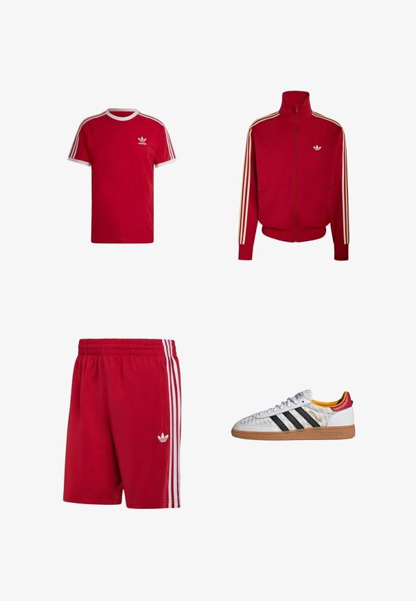 Chaqueta deportiva roja con cremallera, con tres rayas beige en las mangas y pequeño logo beige de Adidas en el pecho izquierdo.; Camiseta de algodón roja con cuello redondo de canalé blanco, con tres rayas blancas en las mangas y un pequeño logo blanco en el pecho.; Pantalones cortos deportivos rojos con cintura elástica, franjas laterales blancas, bolsillo con cremallera y logo blanco de trébol de Adidas en la pierna derecha.; Zapatilla Adidas Spezial blanca con rayas negras, suela de goma, patrón acolchado, lengüeta roja en el talón y forro interior amarillo, vista lateral.