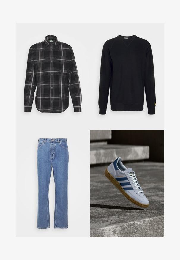 Jack & Jones JCOBLACK ZAC OVERSHIRT RELAX - Ľahká bunda - black; Čierna mikina s textúrovanou tkaninou, okrúhlym výstrihom a dlhými raglánovými rukávmi. Obsahuje malé zlaté logo na spodnej časti rukáva.; Modré denimové džínsy s rovnomerným strihom, päťvreckovým dizajnom, pútkami na opasok a zapínaním na gombík. Textília má jemný, textúrovaný povrch.; Svetlomodrá teniska Adidas Spezial s námorníckymi modrými pruhmi a gumovou podrážkou, zobrazená vo vzduchu nad betónovými schodmi v neutrálnej vonkajšej scéne.