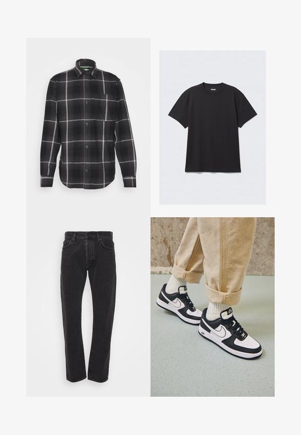 Jack & Jones JCOBLACK ZAC OVERSHIRT RELAX - Ελαφρύ μπουφάν - black; Μαύρο κοντομάνικο μπλουζάκι φτιαγμένο από βαμβάκι. Διαθέτει στρογγυλή λαιμόκοψη και άνετη εφαρμογή. Απλός σχεδιασμός χωρίς ορατά μοτίβα ή διακοσμητικά.; Ανδρικά μαύρα τζιν παντελόνια κατευθείαν γραμμής με κουμπί μπροστά και φερμουάρ, πέντε τσέπες και θηλιές ζώνης σε λευκό φόντο.; Μαύρα και άσπρα αθλητικά παπούτσια Nike Air Force 1 με δερμάτινη επένδυση, τρυπητή μύτη και υφασμάτινη λεπτομέρεια στην σόλα, φορεμένα με τυλιγμένα μπεζ παντελόνια και λευκές κάλτσες.