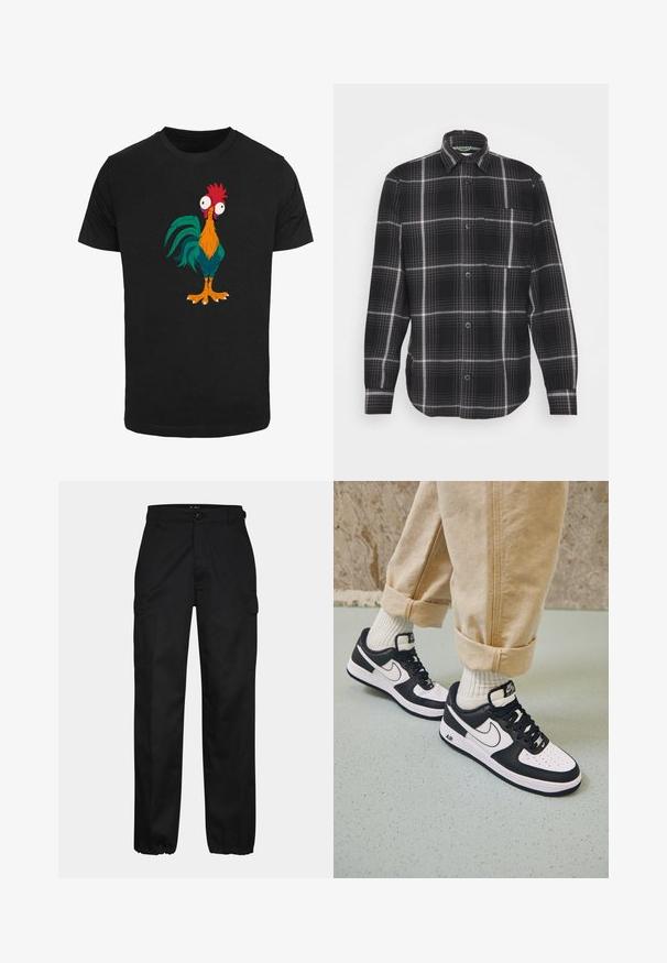 Jack & Jones JCOBLACK ZAC OVERSHIRT RELAX - Übergangsjacke - black; Schwarzes T-Shirt mit einem bunten Cartoon-Hahn-Design, das übertriebene Merkmale und große Augen zeigt, mit orangefarbenen, grünen und roten Akzenten.; Schwarze Cargo-Hosen mit geradem Schnitt, ausgestattet mit Seitentaschen, einem Knopfverschluss und elastischen Bündchen an den Knöcheln. Hergestellt aus strapazierfähigem Material.; Schwarz-weiße Nike Air Force 1 Sneaker mit einem Obermaterial aus Leder, perforierter Zehenpartie und strukturiertem Sohlendesign, getragen mit aufgerollten beigen Hosen und weißen Socken.