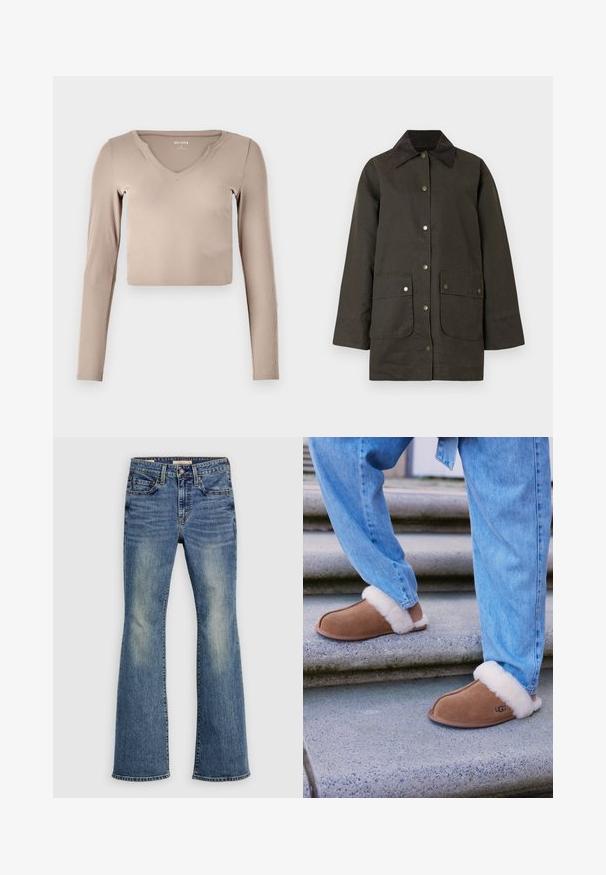 Mørkegrøn vandtæt jakke med fløjlsrib-krave, trykknapper, to forlommer og en afslappet pasform. Glat tekstur og længde til midt på låret.; Langærmet, cropped top i lys beige ribbet stof med V-hals og minimale syninger på kraven.; Blå flare jeans i denim med let falmning, fem-lommer design, metalbeslag og sydd kant, der har en klassisk pasform og glat tekstur.; Brune ruskind tøfler med hvid faux pelsforing, rund tå og gummisål, parret med blå denim jeans på granittrapper.