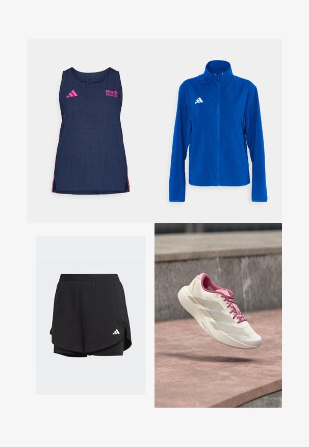 adidas Performance ADIZERO ESSENTIALS - Veste de running - team royal blue; adidas Performance BER25 TANK - Débardeur - collegiate navy; Shorts de sport noirs avec une taille élastique, un design superposé, des shorts ajustés à l'intérieur et un logo blanc en bas à gauche.; Chaussure de course beige clair et rose avec semelle coussinée, lacets roses et trois rayures beiges flottant au-dessus d'une surface en pierre.
