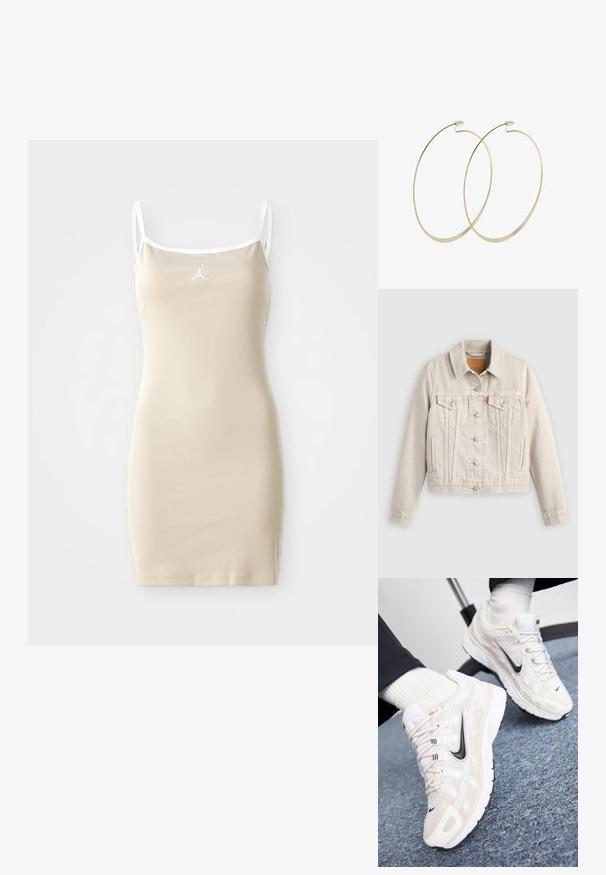 Lichtbeige spijkerjack met knoopsluiting, twee borstflapzakken, zijzakken en een klein rood label op de linker borstzak.; Beige mouwloze jurk met dunne bandjes, geribbelde structuur en witte afwerking. Heeft een klein logo in het midden boven de buste.; Witte en beige Nike sneakers met een mesh bovenwerk, textuur overlay, zwarte swoosh en een gevoerde zool met een gripzool.; Pilgrim Oorbellen - gold-coloured