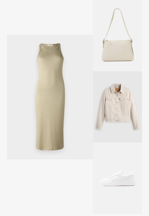Lichtbeige spijkerjack met knoopsluiting, twee borstflapzakken, zijzakken en een klein rood label op de linker borstzak.; Geribbelde, beige midi jurk met een getailleerde pasvorm, mouwloos ontwerp en ronde halslijn; gemaakt van zachte, rekbare stof.; Witte lage sneaker met dikke zool, veterontwerp en subtiele stikselaccenten op een effen lichte achtergrond.; Beige schoudertas van glad leer met een ritsluiting. Kenmerkt zich door een eenvoudig ontwerp, een slanke schouderband en metalen hardwareaccenten.