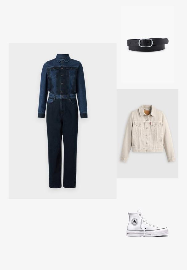 Lichtbeige spijkerjack met knoopsluiting, twee borstflapzakken, zijzakken en een klein rood label op de linker borstzak.; Denim jumpsuit in een diepblauwe kleur, met lange mouwen, knoopsluiting aan de voorkant, kraag en een ceintuur in de taille met twee borstzakken.; Witte Converse Chuck Taylor All Star sneaker met hoge schacht, zwarte strepen en logo-patch aan de zijkant, weergegeven tegen een effen witte achtergrond.; Zwarte leren riem met een gladde textuur, ovaal zilveren metalen gespsluiting en meerdere verstelgaten langs de band. Platte, minimalistische uitstraling.