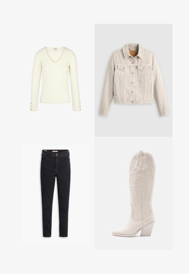 Chaqueta vaquera beige clara con cierre de botones, dos bolsillos de solapa en el pecho, bolsillos laterales y una pequeña etiqueta roja en el bolsillo izquierdo del pecho.; Suéter blanco acanalado de cuello en V con mangas largas y acentos de botones dorados en los puños. Textura suave y diseño ajustado.; Pantalones vaqueros de mezclilla negra con cintura alta, corte ajustado y detalles de costura mínimos. La tela muestra una ligera textura con un acabado suave.; Bota vaquera de cuero blanco con punta afilada y tacón bloqueado. Presenta patrones de costura intrincados en el caña y una textura suave.