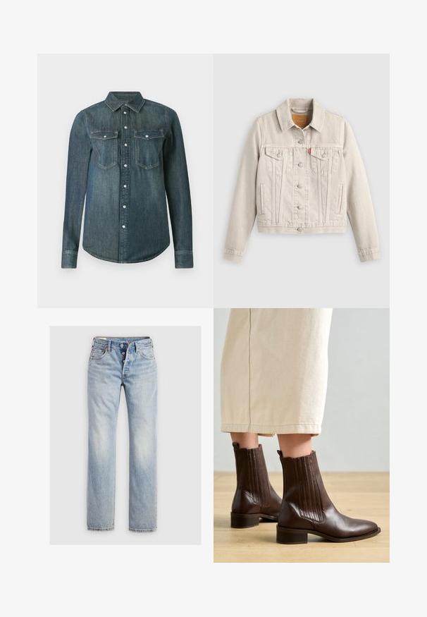 Veste en jean beige clair avec fermeture à boutons, deux poches poitrine à rabat, poches latérales et une petite étiquette rouge sur la poche poitrine gauche.; Chemise en denim bleu foncé à manches longues, boutonnée sur le devant avec deux poches poitrine à rabats et boutons.; Jeans en denim bleu clair avec une coupe droite, une fermeture à cinq boutons et des poches arrière avec un subtil détail de couture.; Pavement SHANI - Bottines - brown