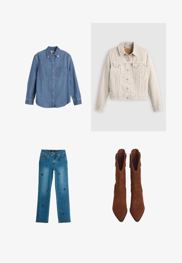 Hellbeige Jeansjacke mit Knopfverschluss, zwei Brusttaschen mit Klappen, Seitentaschen und einem kleinen roten Etikett auf der linken Brusttasche.; Hellblaues Denim-Hemd mit langen Ärmeln, spitzem Kragen, zwei Brusttaschen und kontrastierenden Nähten. Verfügt über ein Design mit Westernstil-Yoke.; Blaue Jeans aus Denim mit geraden Beinen, die kleine dunkle Blumenstickereien auf beiden Beinen haben.; Ein Paar braune Wildleder Stiefeletten mit spitzem Zehenbereich und niedrigen Absätzen, seitlichen Zuglaschen und glattem Innenfutter, von oben auf weißem Hintergrund dargestellt.