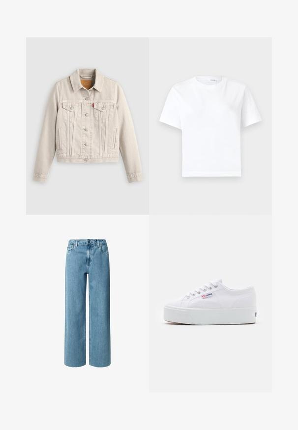 Hellbeige Jeansjacke mit Knopfverschluss, zwei Brusttaschen mit Klappen, Seitentaschen und einem kleinen roten Etikett auf der linken Brusttasche.; Einfaches weißes kurzärmeliges Baumwoll-T-Shirt mit rundem Ausschnitt und geradem Saum, dargestellt auf weißem Hintergrund.; Blaue Denim-Jeans mit weitem Bein und hoher Taille, ausgestattet mit Gürtelschlaufen, Reißverschluss und ausgefransten Säumen. Der Stoff hat eine weiche, glatte Textur.; Weiße Leinenschuhe mit einer dicken weißen Plattformsohle, runder Zehenpartie und Metallösen für die Schnürsenkel. Markenlogo an der Seite angebracht.