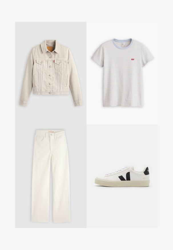 Hellbeige Jeansjacke mit Knopfverschluss, zwei Brusttaschen mit Klappen, Seitentaschen und einem kleinen roten Etikett auf der linken Brusttasche.; Kurzärmeliges weißes T-Shirt mit dünnen horizontalen blauen und beigen Streifen und einem kleinen roten Levi's-Logo auf der linken Brust.; Gerade geschnittene Jeans in Offwhite mit Vorder taschen, Gürtelschlaufen und Knopfverschluss auf einem einfarbigen Hintergrund.; Weißes Leder-Sneaker mit schwarzem Gummi-V-Logo. Strukturierte cremefarbene Sohle, weiße Schnürsenkel und Fersendetail in Schwarz mit dem Markennamen.