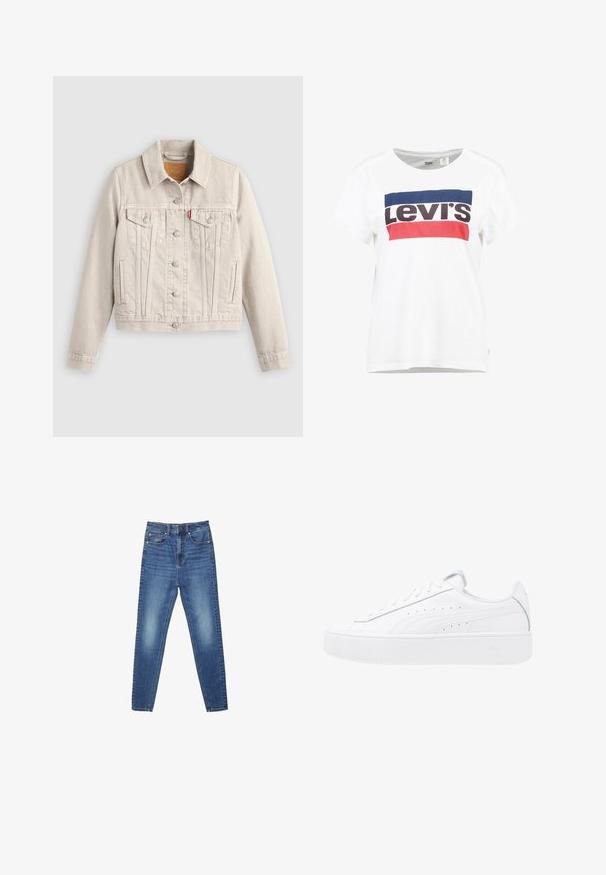 Hellbeige Jeansjacke mit Knopfverschluss, zwei Brusttaschen mit Klappen, Seitentaschen und einem kleinen roten Etikett auf der linken Brusttasche.; Weißes Baumwoll-T-Shirt mit kurzen Ärmeln und Rundhalsausschnitt, das ein zentrales Logo-Design von Levi's in Blau, Rot und Schwarz zeigt.; Blaue, hoch taillierte, schmal geschnittene Jeans aus Denim mit Taschen vorne und hinten, Knopfverschluss sowie dezenten Verwaschungen an Oberschenkeln und Knien.; Weiße Plattform-Sneaker mit Obermaterial aus Leder, runder Zehenform und Schnürverschluss. Verfügt über seitliche Perforationen und dezentes Branding an der Ferse.