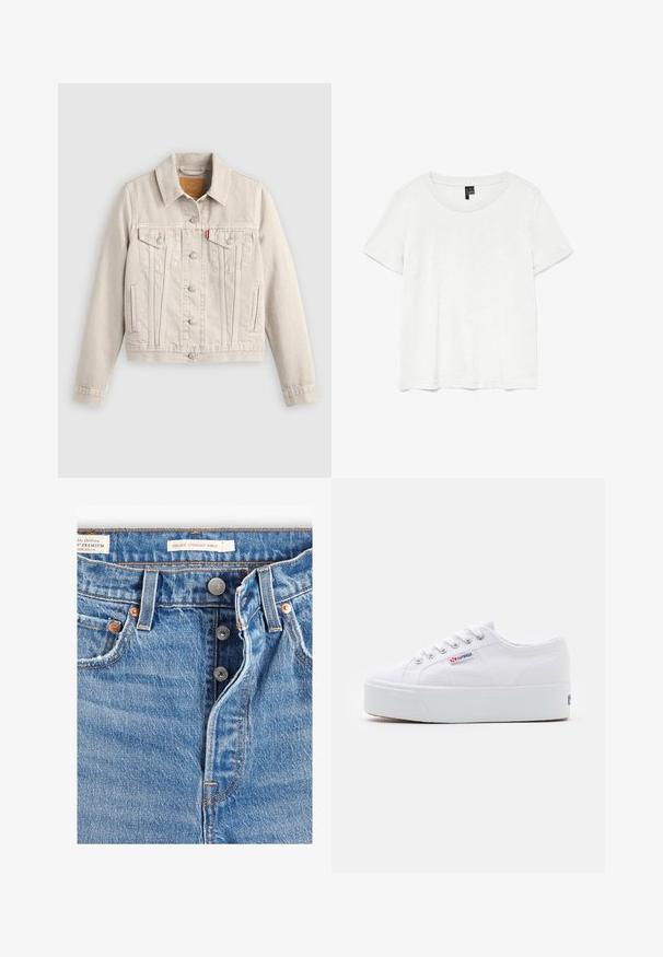 Chaqueta vaquera beige clara con cierre de botones, dos bolsillos de solapa en el pecho, bolsillos laterales y una pequeña etiqueta roja en el bolsillo izquierdo del pecho.; Camiseta blanca de manga corta con un cuello redondo, hecha de tejido ligero. Diseño simple, textura suave y dobladillo recto.; Jeans de mezclilla azul claro con corte recto a la altura del tobillo. Incluye cinco bolsillos, dos botones de metal y costuras naranjas visibles. Etiquetas presentes.; Zapatilla de lona blanca con una gruesa suela de plataforma blanca, punta redonda y ojales de metal para los cordones. Logotipo de la marca mostrado en el lateral.