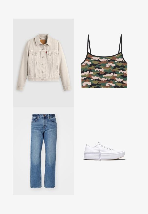 Lichtbeige spijkerjack met knoopsluiting, twee borstflapzakken, zijzakken en een klein rood label op de linker borstzak.; Camo crop top met groene, bruine en roze patronen. Gemaakt van zachte stof met dunne verstelbare bandjes en een zwarte rand.; Lichtblauwe rechte jeans gemaakt van denim. Bevat vijf zakken, een klassieke knoopsluiting en subtiele fading door de stof.; Witte lage canvas sneaker met dikke plateauzool, veters aan de voorkant en rubberen toeskap met structuur, zijaanzicht.