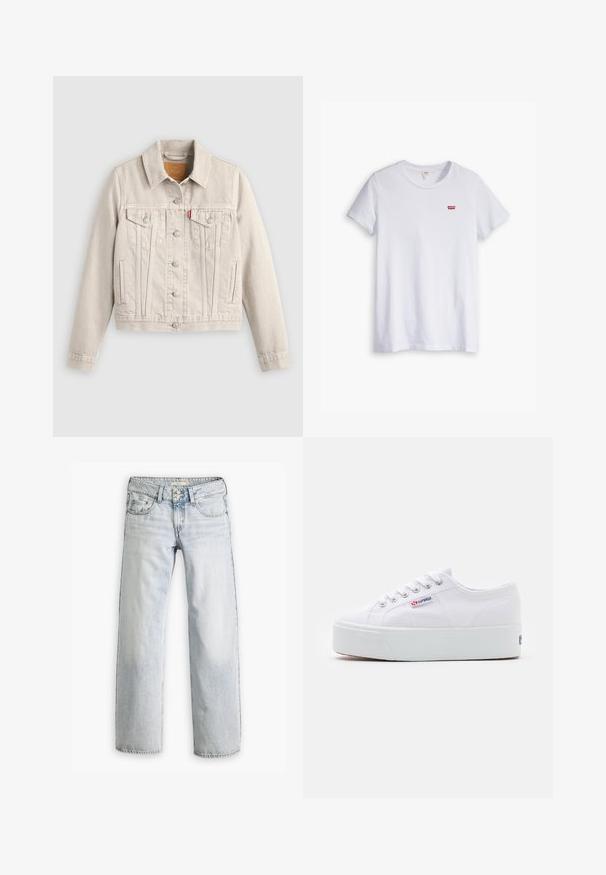 Hellbeige Jeansjacke mit Knopfverschluss, zwei Brusttaschen mit Klappen, Seitentaschen und einem kleinen roten Etikett auf der linken Brusttasche.; Weißes Baumwoll-T-Shirt mit kurzen Ärmeln und rundem Ausschnitt. Besitzt ein kleines rotes Levi's-Logo auf der linken Brustseite.; Hellblaue Denim-Jeans mit lockerer Passform, hoher Taille und fünf Taschen. Mit Stitching-Akzenten und einem Knopfverschluss.; Weiße Leinenschuhe mit einer dicken weißen Plattformsohle, runder Zehenpartie und Metallösen für die Schnürsenkel. Markenlogo an der Seite angebracht.