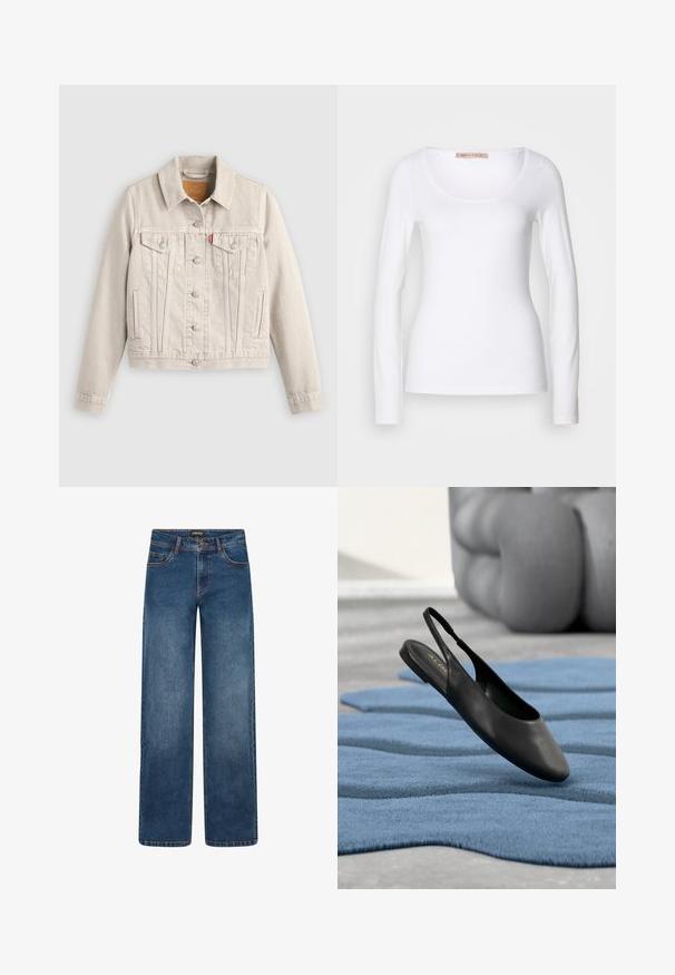 Chaqueta vaquera beige clara con cierre de botones, dos bolsillos de solapa en el pecho, bolsillos laterales y una pequeña etiqueta roja en el bolsillo izquierdo del pecho.; Camiseta de algodón blanca de manga larga con escote redondeado y un diseño ajustado, de textura suave y sin adornos.; Vaqueros de pierna ancha en lavado azul medio. Cuentan con cinco bolsillos, cierre de botón y cremallera, y costuras doblemente reforzadas. Tejido duradero.; Zapato plano de cuero negro con correa trasera, descansando sobre una alfombra azul texturizada con un fondo acolchado gris.