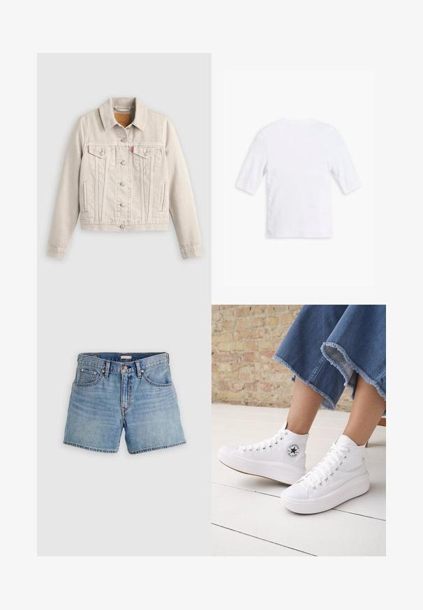 Veste en jean beige clair avec fermeture à boutons, deux poches poitrine à rabat, poches latérales et une petite étiquette rouge sur la poche poitrine gauche.; T-shirt en coton blanc avec des manches courtes, un col rond et une texture lisse. Aucun motif ou embellissement visible.; Shorts en denim bleu clair, taille haute, avec cinq poches, une braguette zippée et un ourlet brut. Coutures classiques et texture légèrement délavée.; Personne portant des baskets Converse blanches montantes avec des semelles épaisses et un jean bleu court à ourlet effiloché, contre un mur en briques et un sol blanc.