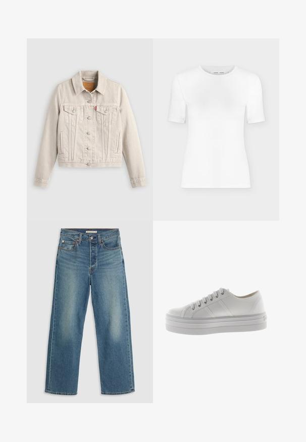 Chaqueta vaquera beige clara con cierre de botones, dos bolsillos de solapa en el pecho, bolsillos laterales y una pequeña etiqueta roja en el bolsillo izquierdo del pecho.; Camiseta blanca de manga corta con cuello redondo, ajuste slim y textura de tejido acanalado, mostrada sobre un fondo liso gris claro.; Jeans de mezclilla azul claro con corte recto. Las características incluyen una cinturilla cosida, cinco bolsillos y desvanecimiento visible.; Zapatilla blanca de lona baja con suela gruesa, cordones en la parte delantera y detalles de costura en el lateral.