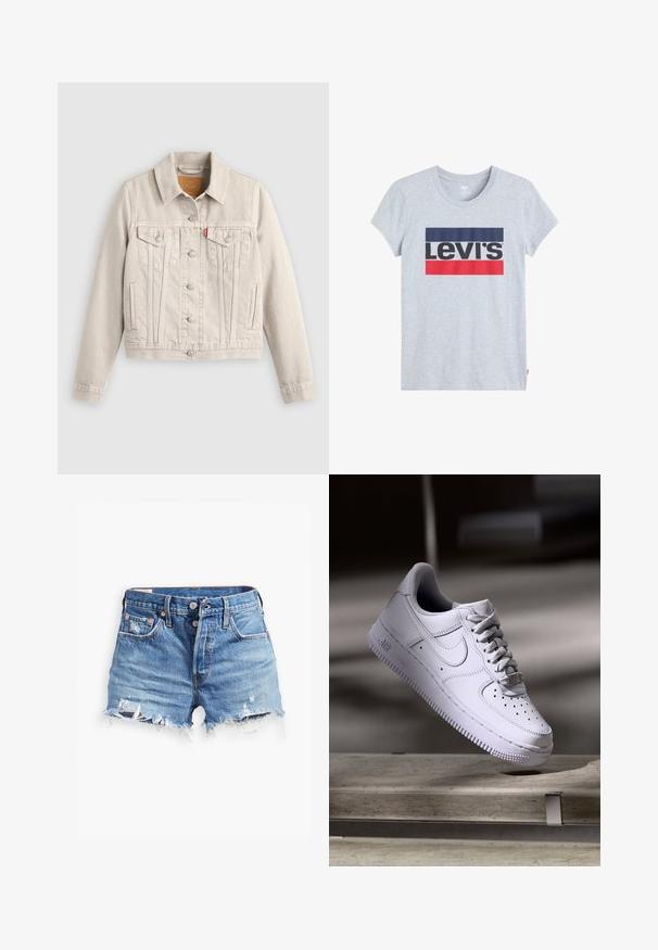Veste en jean beige clair avec fermeture à boutons, deux poches poitrine à rabat, poches latérales et une petite étiquette rouge sur la poche poitrine gauche.; T-shirt en coton gris à manches courtes, arborant un grand logo Levi's en noir, rouge et bleu marine sur le devant. Design classique à col rond.; Shorts en denim bleu clair avec des bords effilochés, taille haute, fermeture à bouton et deux poches avant ; des détails usés ajoutent de la texture.; Baskets Nike Air Force 1 blanches lévitant au-dessus d'une surface en béton avec des ombres dans un cadre minimaliste.