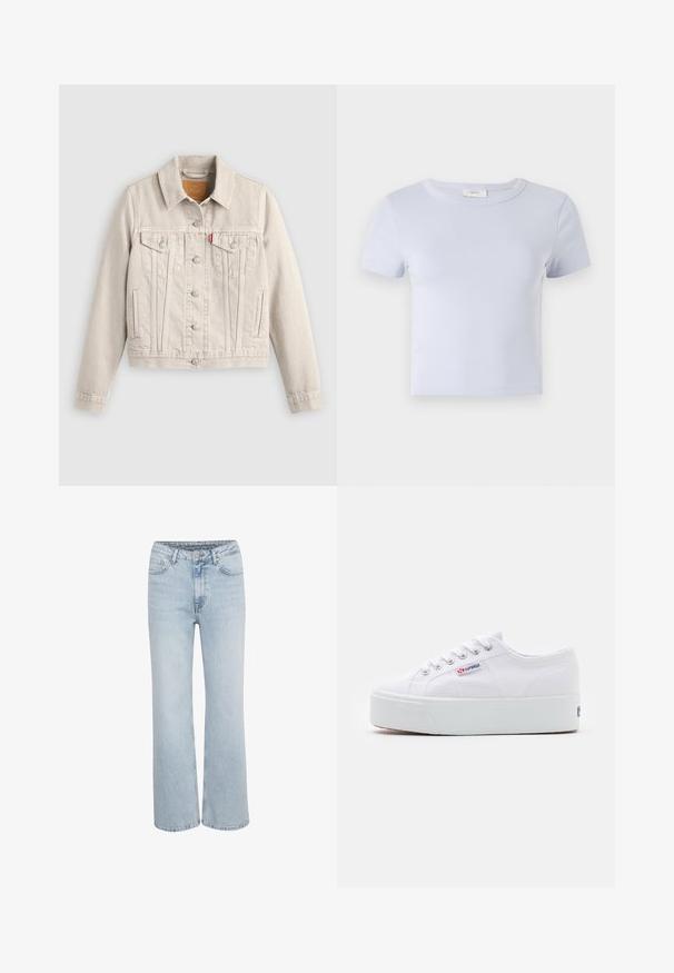 Hellbeige Jeansjacke mit Knopfverschluss, zwei Brusttaschen mit Klappen, Seitentaschen und einem kleinen roten Etikett auf der linken Brusttasche.; Hellblaue Kurzarm-T-Shirt mit Rundhalsausschnitt, aus weichem Stoff; hat eine figurbetonte Passform und dezente Nähte.; Helle blaue, hochgeschnittene Denim-Jeans mit weitem Bein, vorderem Knopf- und Reißverschluss sowie fünf Taschen.; Weiße Leinenschuhe mit einer dicken weißen Plattformsohle, runder Zehenpartie und Metallösen für die Schnürsenkel. Markenlogo an der Seite angebracht.