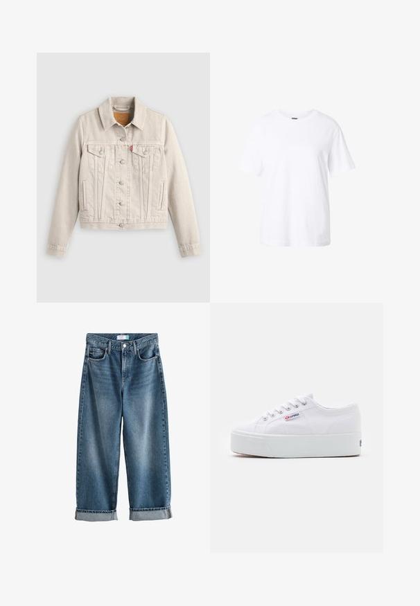Lichtbeige spijkerjack met knoopsluiting, twee borstflapzakken, zijzakken en een klein rood label op de linker borstzak.; Effen witte T-shirt met korte mouwen en een ronde hals, een losse pasvorm en een klein label aan de binnenkant van de kraag.; Blauwe denim boyfriend jeans met omslagen, vooraan knoop- en ritsluiting en zichtbare voorzakken.; Witte canvas sneaker met een dikke witte platformzool, ronde neus en metalen oogjes voor veters. Merkl logo aan de zijkant weergegeven.