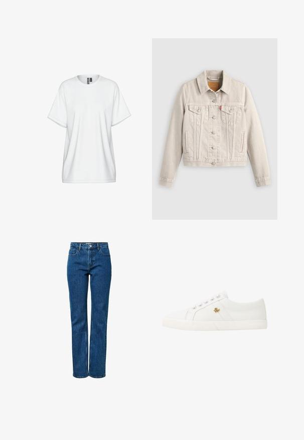 Chaqueta vaquera beige clara con cierre de botones, dos bolsillos de solapa en el pecho, bolsillos laterales y una pequeña etiqueta roja en el bolsillo izquierdo del pecho.; Camiseta blanca de algodón con cuello redondo, mangas cortas y un ajuste holgado. Presenta detalles sutiles de costura y una etiqueta en el cuello.; Vaqueros azules de pierna recta con cinco bolsillos, cierre de botón y cremallera, y trabillas para cinturón. Los vaqueros se muestran de pie sobre un fondo blanco liso.; Lauren Ralph Lauren JANSON II CANVAS SNEAKER - Zapatillas - optic white