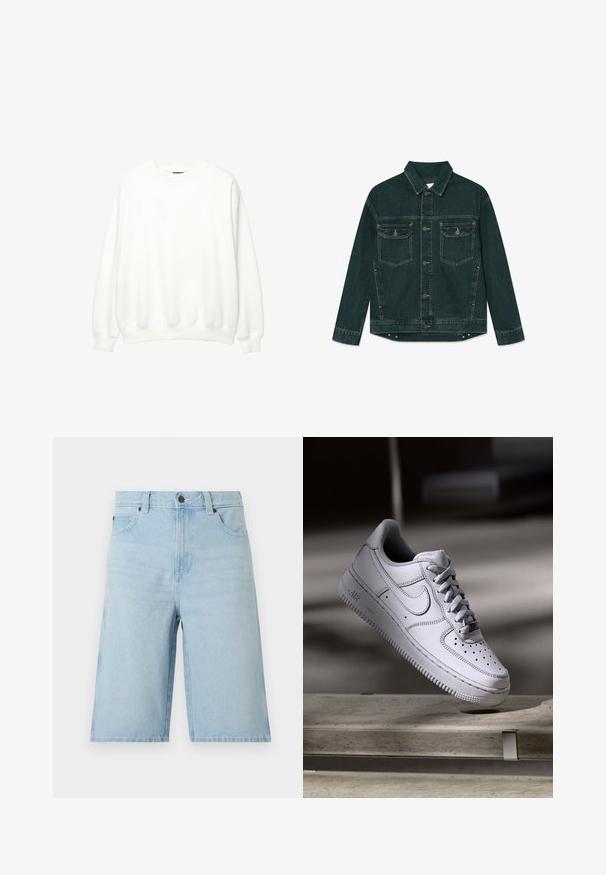 Mørkegrøn denimjakke med knaplukning foran, to klaplommer på brystet og lange ærmer, lagt fladt ud på en hvid baggrund.; Hvid sweatshirt, rund hals, lange ærmer, afslappet pasform. Blødt stof med ribbede mansjetter og kant. Minimalistisk design, ingen synlige logoer eller mønstre.; Lyseblå cowboyshorts med knap foran, lynlås, bæltestropper og to forlommer, vist på en ensfarvet baggrund.; Hvid læder Nike Air Force 1 sneaker med perforeret tå, flade snørebånd og tekstureret gummisål med "AIR" branding på siden.