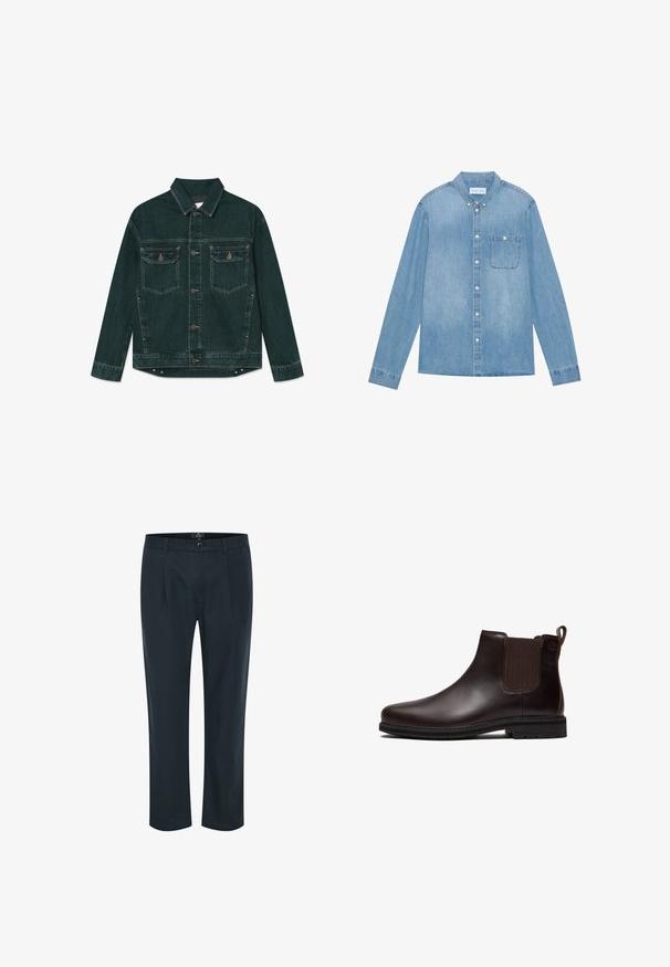 Mørkegrøn denimjakke med knaplukning foran, to klaplommer på brystet og lange ærmer, lagt fladt ud på en hvid baggrund.; Lys blå denim skjorte med knapper, lange ærmer, spids krave, en enkelt brystlomme og subtil falmning på stoffet.; Mørkeblå bukser med lige snit, knaplukning, frontfolder og to sidelommer; lavet af et glat, let materiale.; Mørkebrune læder Chelsea-støvler med elastisk sidestykke, trækstrop ved hælen og sort gummisål, vist i sideprofil.