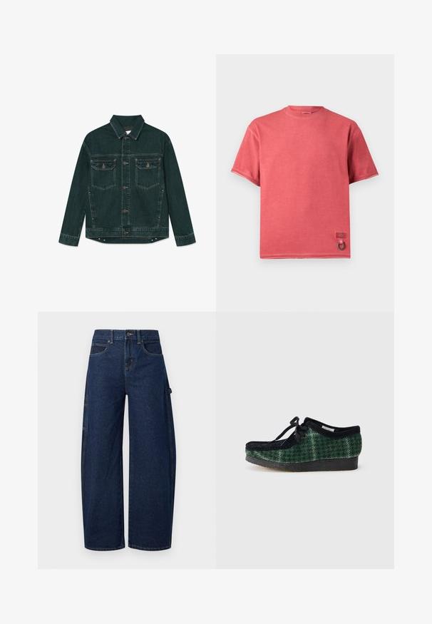 Dunkelgrüne Denimjacke mit durchgehender Knopfleiste, zwei Klapp-Brusttaschen und langen Ärmeln, flach auf einem weißen Hintergrund liegend.; Kurzärmeliges, ausgeblichenes rotes T-Shirt mit Rundhalsausschnitt, kleinem Markenpatch und Metallringsdetail nahe dem unteren Saum.; Dunkelblaue Jeans aus Denim mit weitem Bein, hoher Taille, vorderen Taschen und seitlicher Cargo-Tasche. Mit kontrastierenden Nähten und Knopfverschluss ausgestattet.; Grüne und schwarze gemusterte Schuhe mit einem Obermaterial aus Wildleder, runder Zehenform, Schnürsenkeln und einer strukturierten Gummisohle.