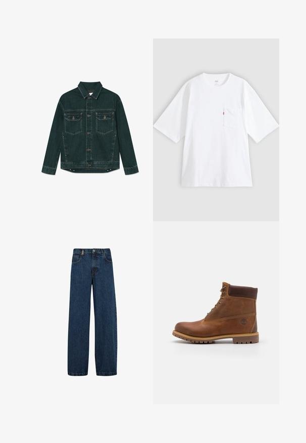 Veste en denim vert foncé avec boutons sur le devant, deux poches poitrine à rabat, et manches longues, posée à plat sur un fond blanc.; T-shirt en coton blanc à manches courtes, col rond et poche poitrine gauche. Comprend une petite étiquette logo rouge sur la poche.; Jeans en denim bleu foncé, avec une coupe large, un design à cinq poches et une fermeture classique à bouton avec une fermeture éclair en métal.; Botte de randonnée en cuir marron avec une finition lisse, cheville rembourrée, œillets en métal et semelle en caoutchouc dotée d'un motif de crampons robuste.