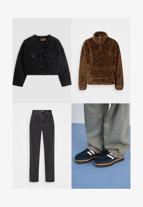 Schwarze kurze Jeansjacke mit vorderen Druckknöpfen, zwei Brusttaschen und weichem Fleecefutter, das am Kragen und an den vorderen Kanten sichtbar ist.; Brauner Fleecepullover mit Leopardenmuster, hohem Kragen, Viertel-Reißverschluss vorne und weichem, strukturiertem Stoff. Verfügt über lange Ärmel und eine lockere Passform.; Schwarze Denim-Jeans mit geradem Bein, hoher Taille, vorderem Knopf und Reißverschluss sowie fünf Taschen auf weißem Hintergrund.; Dunkelblaue Wildleder-Plattform-Sneaker mit weißen Streifen und schwarzen Schnürsenkeln. Mit einer dicken braunen Gummisohle ausgestattet. Tragen Sie sie mit hellblauen Jeans.
