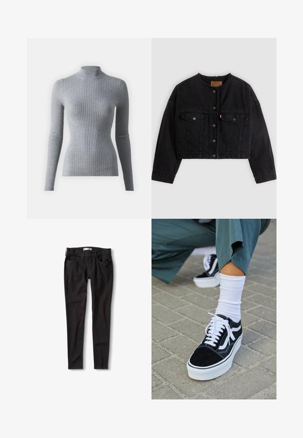 Veste courte en denim noir avec boutons pression à l'avant, deux poches poitrine et une doublure polaire douce visible au col et aux bords avant.; Pull en maille à col roulé gris côtelé avec des manches longues. Présente un design ajusté et un col haut pour plus de chaleur.; Jeans en denim noir avec une coupe droite, dotés d'une taille standard, de passants de ceinture et de deux poches avant. Texture lisse, matériel minimal.; Baskets en suède noir avec des accents et des lacets blancs, présentant une épaisse semelle blanche et des coutures contrastantes, associées à une chaussette blanche.