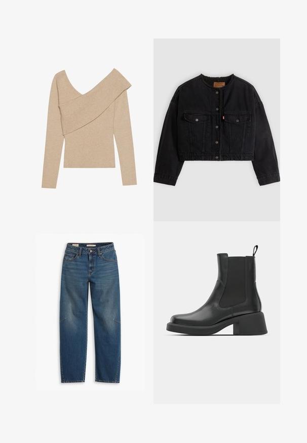 Sort cropped denimjakke med frontknapper, to brystlommer og blødt fleecefor synligt ved kraven og forkanterne.; Even&Odd Striktrøje - mottled beige; Blå denim jeans med en afslappet pasform, der har høj talje, lige ben, synligt syning og en lille detalje på venstre knæ.; Sorte læder ankelstøvler med elastiske sidepaneler, afrundet tå og en kraftig blokhæl. Glat tekstur med et minimalistisk design.
