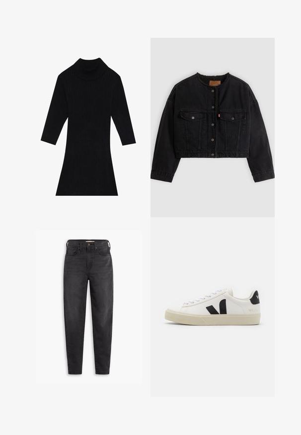 Veste courte en denim noir avec boutons pression à l'avant, deux poches poitrine et une doublure polaire douce visible au col et aux bords avant.; Robe en tricot côtelé noir avec un col montant et des manches trois-quarts, présentant une silhouette ajustée qui s'évase au niveau de l'ourlet.; Jean slim taille haute noir avec poches avant et arrière, fermeture à bouton et passants de ceinture, présentés sur un fond blanc.; Baskets en cuir blanc avec un logo V en caoutchouc noir. Semelle texturée blanc cassé, lacets blancs et détail sur le talon arrière portant le nom de la marque en noir.