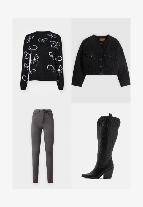 Veste courte en denim noir avec boutons pression à l'avant, deux poches poitrine et une doublure polaire douce visible au col et aux bords avant.; ONLY ONLLOUI BOW - Pullover - black/cloud dancer; Jean slim gris foncé taille haute en denim, avec poches devant et derrière, fermeture par boutons et détails de couture visibles.; Bottes hautes en cuir noir jusqu'aux genoux avec bout pointu et talon empilé. Caractéristiques de coutures décoratives et éléments de design courbés.