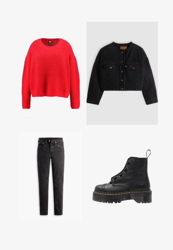 Sort cropped denimjakke med frontknapper, to brystlommer og blødt fleecefor synligt ved kraven og forkanterne.; Rød strikket sweater med rund halsudskæring, sænkede skuldre og ribbet kant. Har et struktureret, chunky mønster over det hele.; Sorte denim jeans med lige ben, der har fem lommer, kobberhardware og en let slidte måde.; Sorte læder ankelstøvler med tekstureret overflade, rund tå, snørebåndsdesign, gule stikninger og en tyk, rillet sort platformsål.