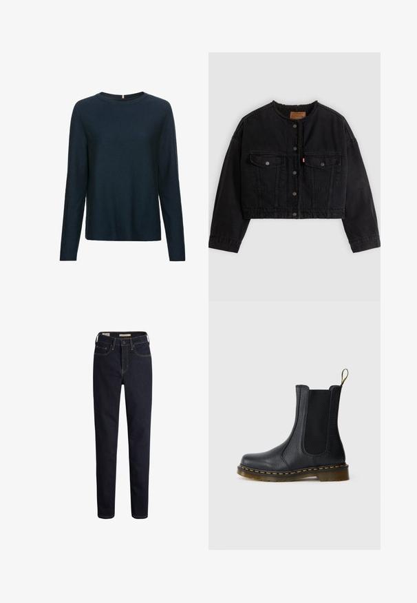 Veste courte en denim noir avec boutons pression à l'avant, deux poches poitrine et une doublure polaire douce visible au col et aux bords avant.; Pull à manches longues bleu marine en matière côtelée. Présente un col rond et une coupe droite à l'ourlet. Texture douce.; Jean en denim bleu foncé avec une coupe droite, dotés de poches zippées à l'avant et de coutures contrastantes jaune doré.; Bottine Chelsea en cuir noir avec panneaux elastiques sur les côtés, finition texturée, coutures jaunes et une semelle en caoutchouc durable, légèrement transparente.