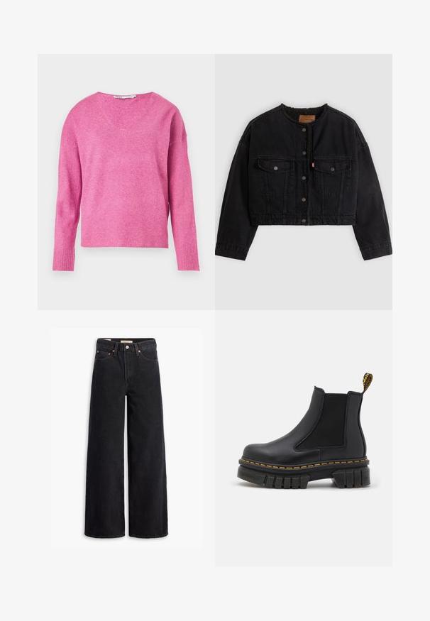 Sort cropped denimjakke med frontknapper, to brystlommer og blødt fleecefor synligt ved kraven og forkanterne.; Rosa strikket sweater med V-hals, lange ærmer, ribbede manchetter og en blød tekstur. Designet har en let løs pasform.; Sorte brede benjeans lavet af denim, med fem lommer, kobbernitter og en klassisk knaplukning. Glat tekstur med et rent design.; Sort chelsea ankelstøvle lavet af læder og elastik. Har en kraftig gummisål, gul syning og en løkke bagpå.