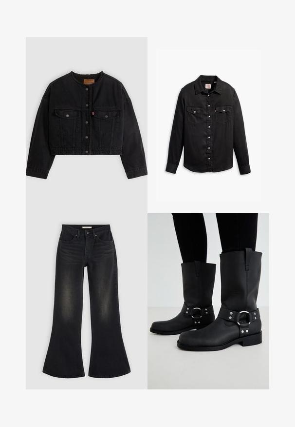 Zwarte korte spijkerjas met drukknoopsluiting aan de voorkant, twee borstzakken en een zachte fleece voering zichtbaar bij de kraag en voorranden.; Zwarte denim blouse met lange mouwen, knoopsluiting, twee borstzakken en een klassieke kraag. Beschikt over een gestructureerd oppervlak en witte knopen.; Zwarte jeans met wijde pijpen, voorzakken, riemlussen en vervaagde schaduw op de dijen en knieën, plat gelegd op een lichte achtergrond.; ONLY SHOES by Zalando ONLBAX - Cowboy-/Bikerlaarzen - black