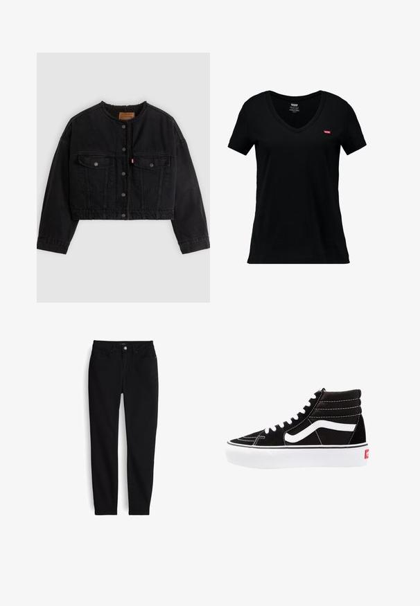 Schwarze kurze Jeansjacke mit vorderen Druckknöpfen, zwei Brusttaschen und weichem Fleecefutter, das am Kragen und an den vorderen Kanten sichtbar ist.; Schwarzes Baumwoll-V-Ausschnitt-T-Shirt mit kurzen Ärmeln, versehen mit einem kleinen roten Levi's-Logo auf der linken Brustseite und einer glatten Textur.; Schwarze Slim-Fit-Jeans mit Knopf- und Reißverschluss vorne, fünf Taschen und Gürtelschlaufen, flach auf weißem Hintergrund ausgebreitet.; Schwarze High-Top-Sneaker mit weißen Schnürsenkeln, einem weißen Logo und kontrastierendem weißen Nähten. Verfügt über eine dicke weiße Sohle und ein strukturiertes Wildleder-Obermaterial.