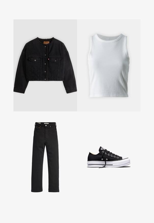 Veste courte en denim noir avec boutons pression à l'avant, deux poches poitrine et une doublure polaire douce visible au col et aux bords avant.; Débardeur blanc côtelé avec un décolleté rond et sans manches, présentant un ourlet droit et une texture lisse et extensible.; Jean en denim noir avec une coupe droite, présentant une taille haute, un design à cinq poches, une fermeture à bouton en métal et des détails de couture minimalistes.; Baskets basses en toile noire avec semelle plateforme en caoutchouc blanche, lacets noirs et œillets métalliques sur fond blanc.
