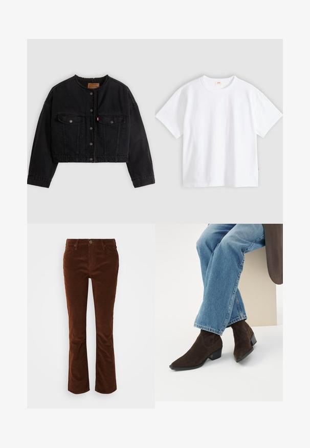 Veste courte en denim noir avec boutons pression à l'avant, deux poches poitrine et une doublure polaire douce visible au col et aux bords avant.; T-shirt en coton blanc à manches courtes, col rond, coupe décontractée, texture lisse, avec une petite étiquette logo sur la couture latérale gauche.; Pantalons en velours côtelé marron évasés avec une texture lisse, présentant une braguette zippée et un bouton de fermeture, ainsi qu'un design standard à cinq poches.; Jambes croisées portant un jean bleu clair et des bottines en daim marron foncé à talons blocs bas sur un fond uni.