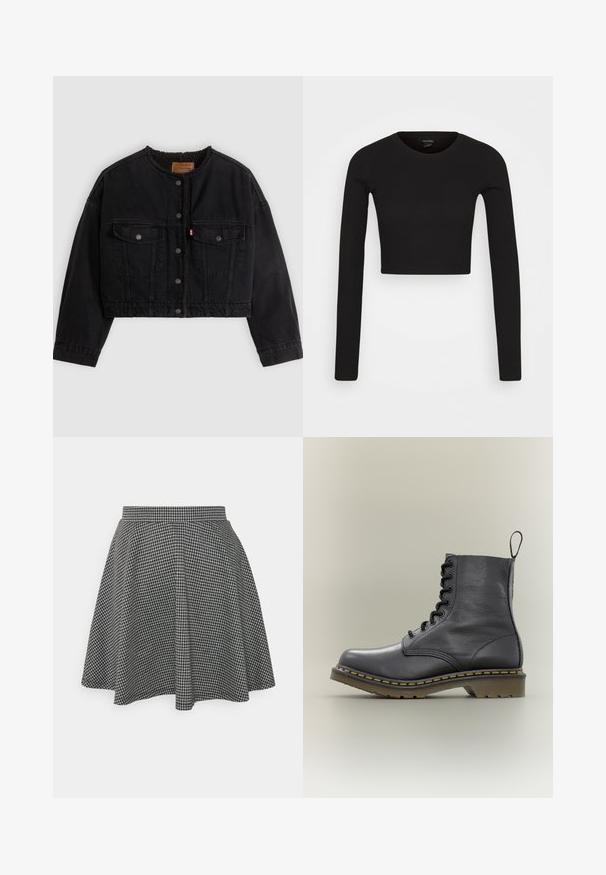 Schwarze kurze Jeansjacke mit vorderen Druckknöpfen, zwei Brusttaschen und weichem Fleecefutter, das am Kragen und an den vorderen Kanten sichtbar ist.; Monki Langarmshirt - black dark; Schwarz-weißer karierteter Skaterrock mit einem taillierten Bund und ausgestellt geschnittenem Saum, aus einem strukturierten Stoff, der ein klassisches Muster zeigt.; Schwarzer Leder-Kampfboot mit 8 Ösen, Gummisohle, gelben Nähten und einer Zuglasche hinten. Verfügt über einen strukturierten Schaft.