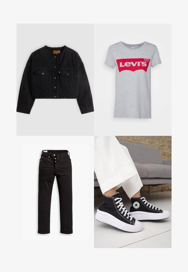 Zwarte korte spijkerjas met drukknoopsluiting aan de voorkant, twee borstzakken en een zachte fleece voering zichtbaar bij de kraag en voorranden.; Grijze katoen t-shirt met een groot rood Levi's logo over de borst, met een klassieke ronde hals en korte mouwen.; Zwarte rechtlopende jeans met knoopsluiting, voor- en achterzakken, en koperen klinknagels op een witte achtergrond.; Zwarte hoge sneakers met witte rubberen zolen en veters. Voorzien van een ronde logo patch en contrasterende witte stiksels. Gemaakt van canvas.