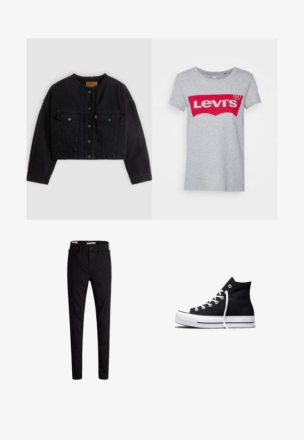 Sort cropped denimjakke med frontknapper, to brystlommer og blødt fleecefor synligt ved kraven og forkanterne.; Grå bomulds t-shirt med et stort rødt Levi's-logo på tværs af brystet, med en klassisk rund halsudskæring og korte ærmer.; Sorte high-rise skinny jeans med frontknap og lommer, vist på en hvid baggrund.; Sort high-top canvas sneaker med hvid gummisål og hvide snørebånd, vist fra siden mod en hvid baggrund.