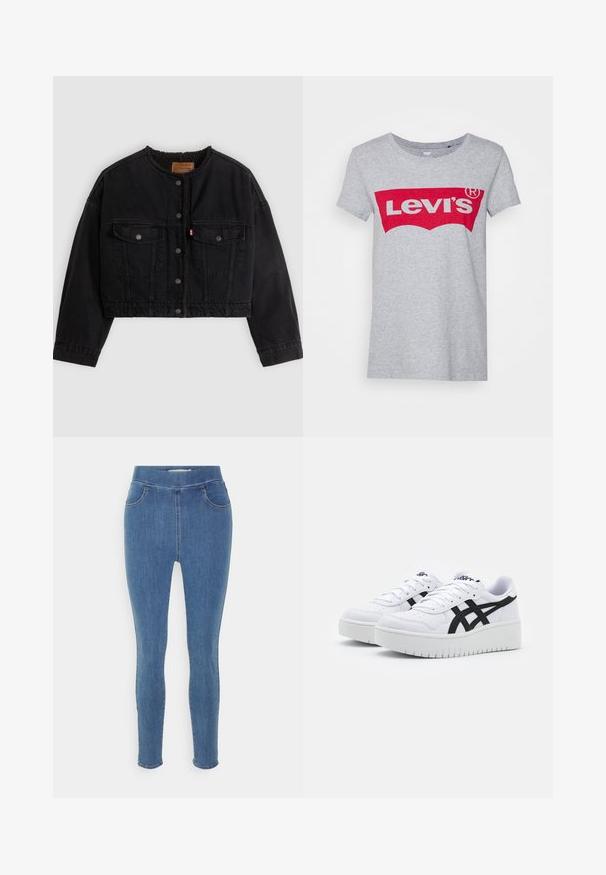 Chaqueta corta de mezclilla negra con botones a presión en la parte frontal, dos bolsillos en el pecho y forro suave de forro polar visible en el cuello y los bordes delanteros.; Camiseta de algodón gris con un gran logo rojo de Levi's en el pecho, con un clásico escote redondo y mangas cortas.; Jeggings de denim azul con una textura suave, cintura alta, diseño de cinco bolsillos y piernas ajustadas. Largo estándar con un dobladillo liso.; Zapatillas blancas con una superficie texturizada, franjas laterales negras y una suela blanca gruesa. Presentan un diseño de cordones y un logo en la lengüeta.