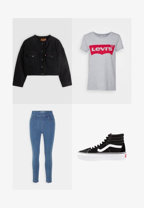 Sort cropped denimjakke med frontknapper, to brystlommer og blødt fleecefor synligt ved kraven og forkanterne.; Grå bomulds t-shirt med et stort rødt Levi's-logo på tværs af brystet, med en klassisk rund halsudskæring og korte ærmer.; Blå denim jeggings med en glat tekstur, høj talje, fem-lomme design og tapered ben. Standard længde med en simpel kant.; Sorte høj-top sneakers med hvide snørebånd, et hvidt logo og kontrasterende hvid syning. Har en tyk hvid sål og struktureret ruskindsoverdel.