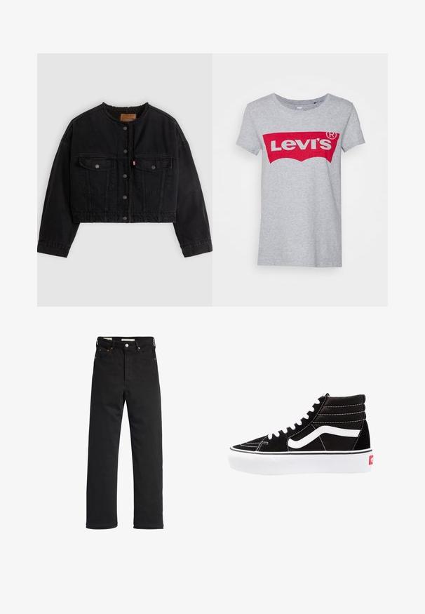 Schwarze kurze Jeansjacke mit vorderen Druckknöpfen, zwei Brusttaschen und weichem Fleecefutter, das am Kragen und an den vorderen Kanten sichtbar ist.; Grauer Baumwoll-T-Shirt mit einem großen roten Levi's-Logo über der Brust, klassischem Rundhals und kurzen Ärmeln.; Schwarze Denim-Jeans mit geradem Bein, hoher Taille, fünf Taschen, Metallknopfverschluss und minimalen Stitching-Details.; Schwarze High-Top-Sneaker mit weißen Schnürsenkeln, einem weißen Logo und kontrastierendem weißen Nähten. Verfügt über eine dicke weiße Sohle und ein strukturiertes Wildleder-Obermaterial.